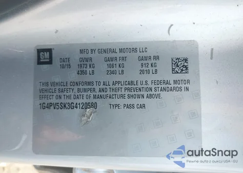 2016 Buick Verano 1Sv из США, поврежденный, VIN 1G4PV5SK3G4120580